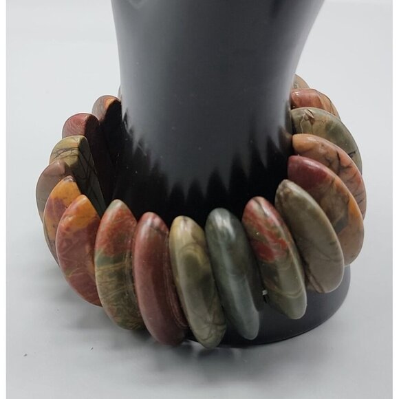 Natural Jasper Stretch Bracelet Multicolor Half Moon Wedges Green Red Orange 8" - Picture 2 of 15